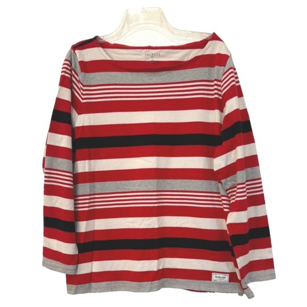 Talbots Plus Size 2X 100% Cotton Red Black Grey Stripe Long Sleeve T Shirt